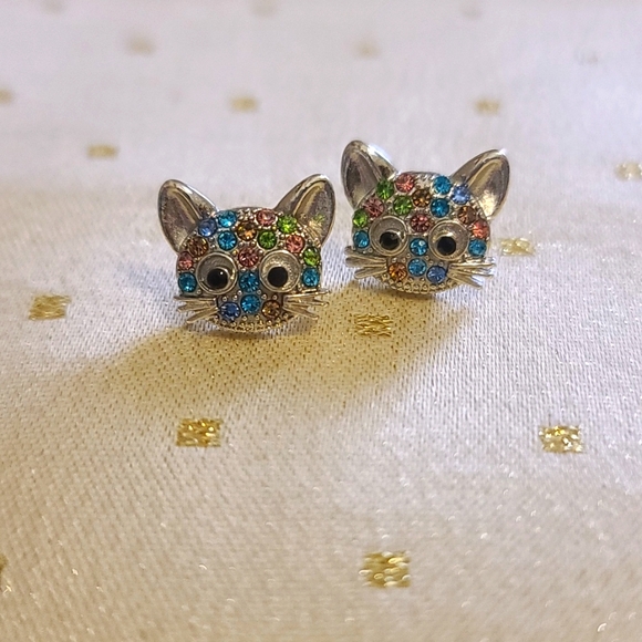 Cat Rhinestone Pendant Necklace Post Earrings Set, Sparkly Color, Adult Teen NWT - Picture 2 of 5